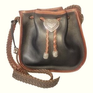 Brighton Vintage Outwest Black and Brown Leather Drawstring Bucket Bag